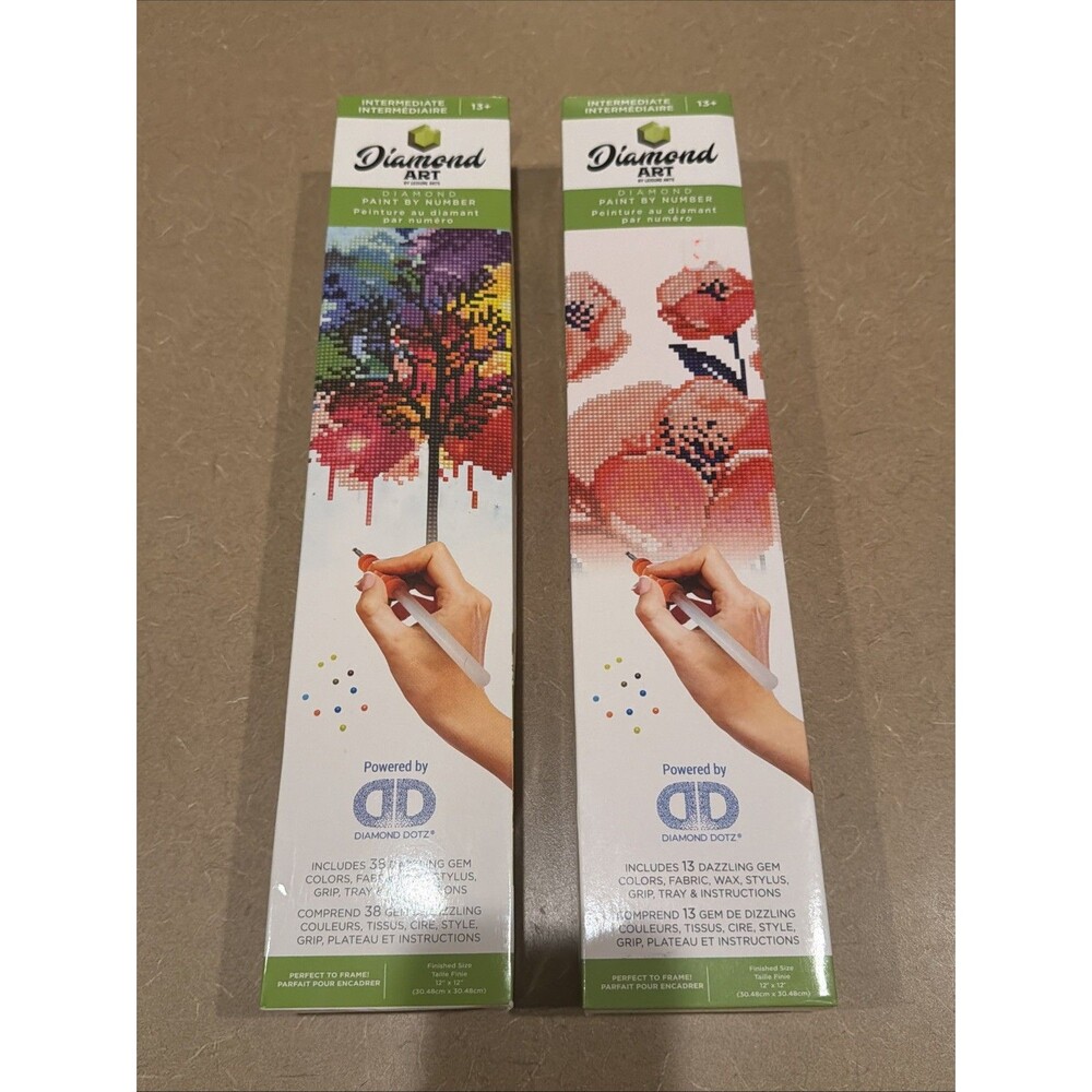 2 Kits Diamond Art Paint By Number Leisure Arts Rainbow Tree & Poppies 12"X12"